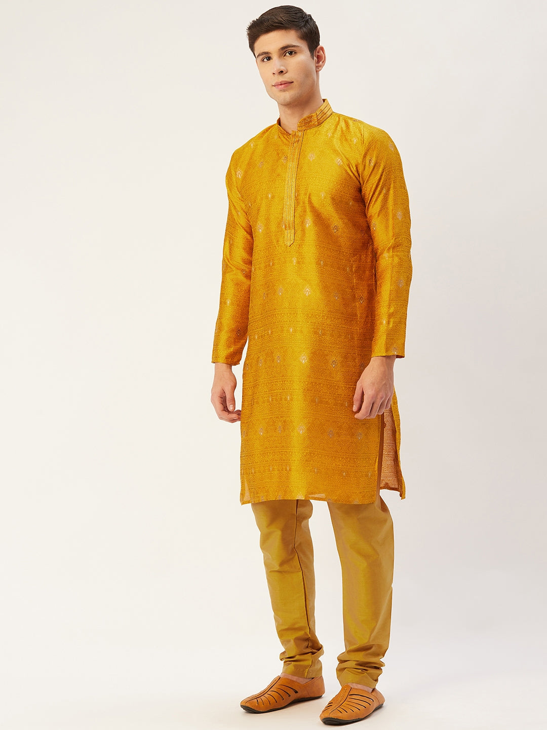 Jompers Men's Mustard Coller Embroidered Woven Design Kurta Only