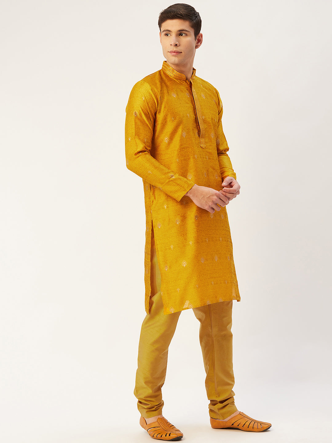 Jompers Men's Mustard Coller Embroidered Woven Design Kurta Only