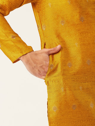 Jompers Men's Mustard Coller Embroidered Woven Design Kurta Pyjama