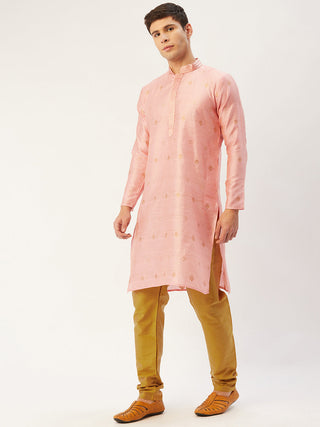 Jompers Men's Pink Coller Embroidered Woven Design Kurta Pyjama
