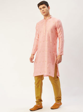 Jompers Men's Pink Coller Embroidered Woven Design Kurta Only