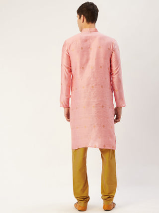 Jompers Men's Pink Coller Embroidered Woven Design Kurta Pyjama