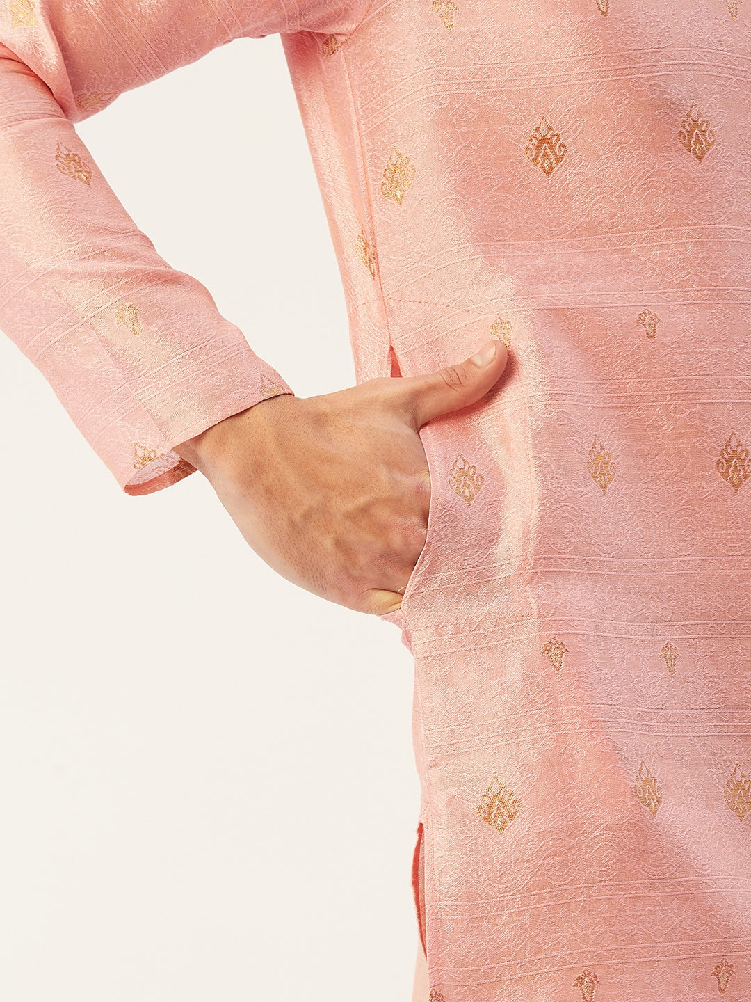 Jompers Men's Pink Coller Embroidered Woven Design Kurta Pyjama