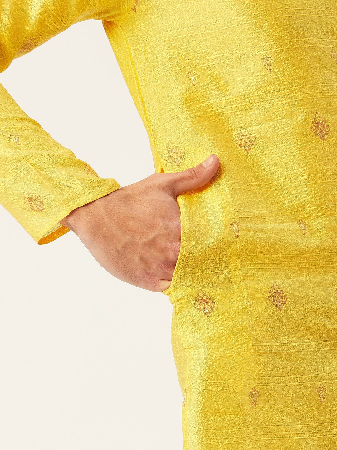 Jompers Men's Yellow Coller Embroidered Woven Design Kurta Pyjama