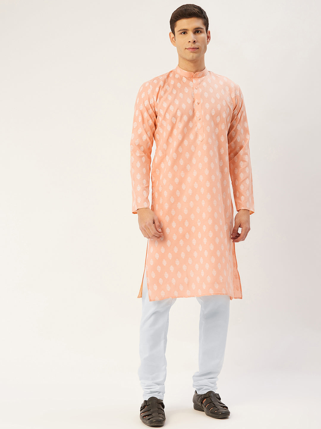 Jompers Men's Peach Cotton Floral printed kurta Pyjama Set