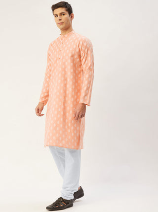 Jompers Men's Peach Cotton Floral printed kurta Only