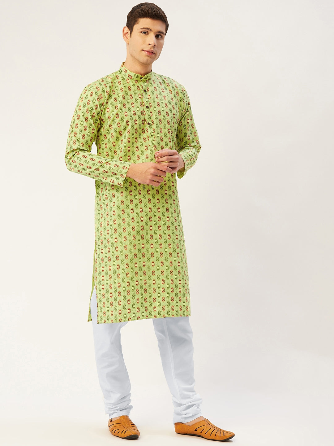 Jompers Men's Green Cotton Ikat printed kurta Pyjama Set