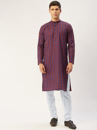 Jompers Men's Maroon Cotton Ikat printed kurta Pyjama Set