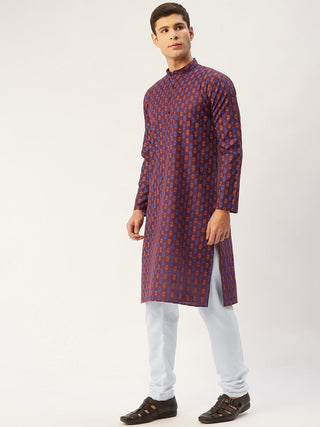 Jompers Men's Maroon Cotton Ikat printed kurta Pyjama Set