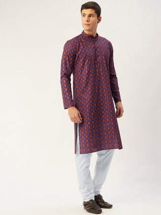 Jompers Men's Maroon Cotton Ikat printed kurta Pyjama Set