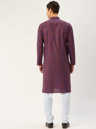 Jompers Men's Maroon Cotton Ikat printed kurta Pyjama Set