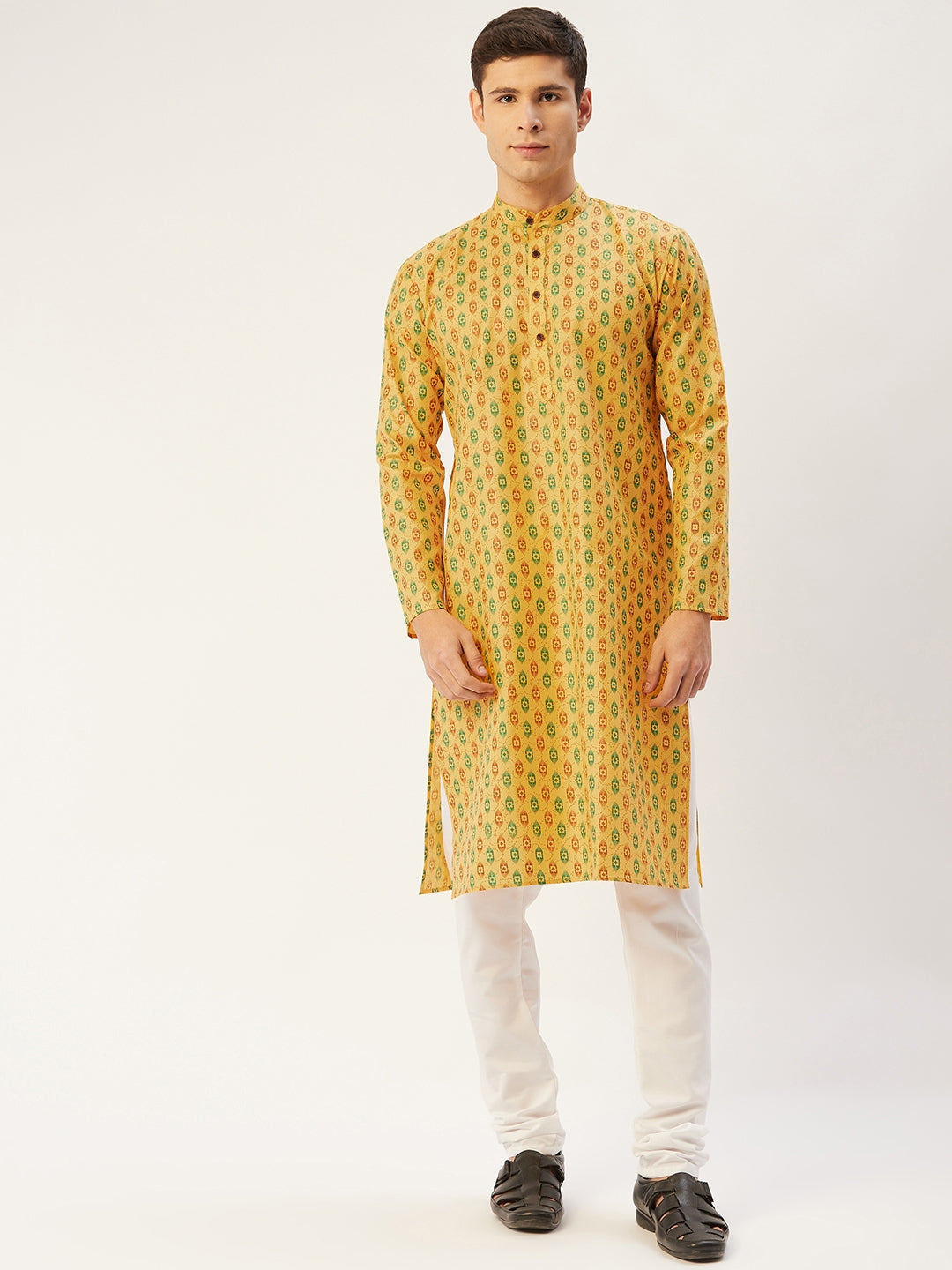 Jompers Men's Mustard Cotton Ikat printed kurta Pyjama Set