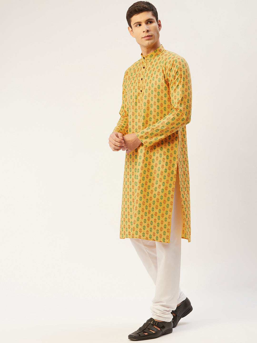 Jompers Men's Mustard Cotton Ikat printed kurta Pyjama Set