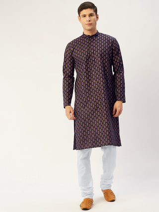 Jompers Men's Navy Cotton Ikat printed kurta Pyjama Set