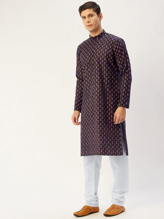 Jompers Men's Navy Cotton Ikat printed kurta Pyjama Set