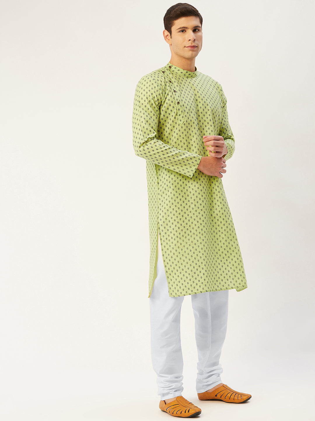 Jompers Men's Green Cotton printed kurta Only
