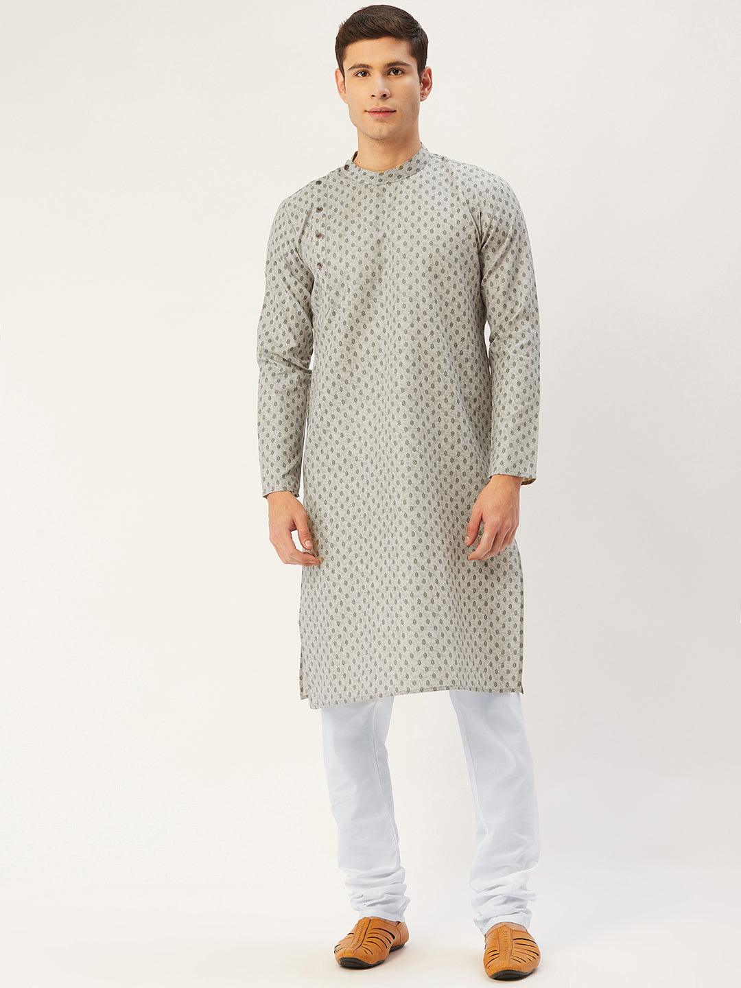 Jompers Men's Grey Cotton printed kurta Pyjama Set