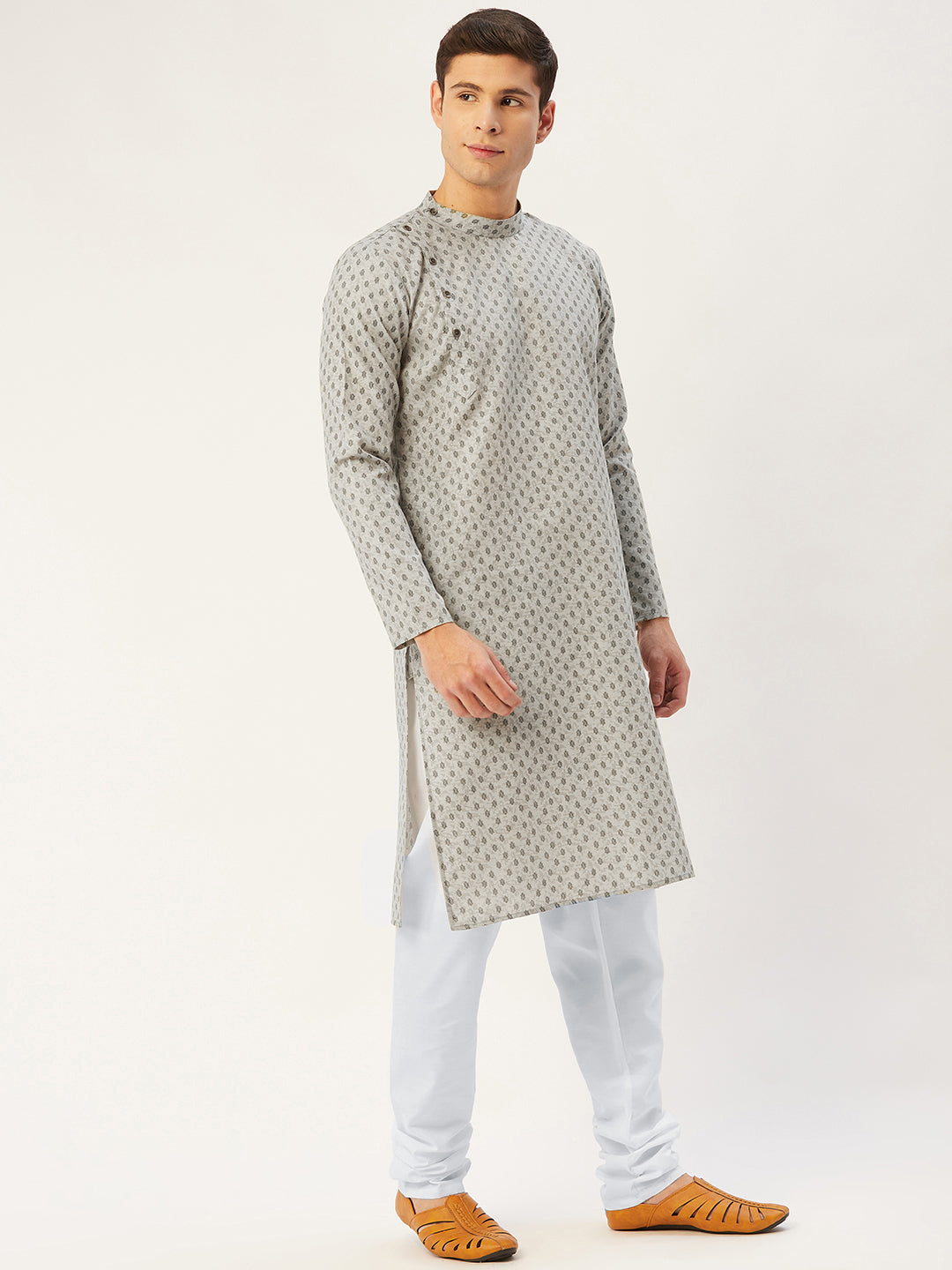 Jompers Men's Grey Cotton printed kurta Pyjama Set