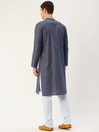 Jompers Men's Navy Cotton printed kurta Pyjama Set