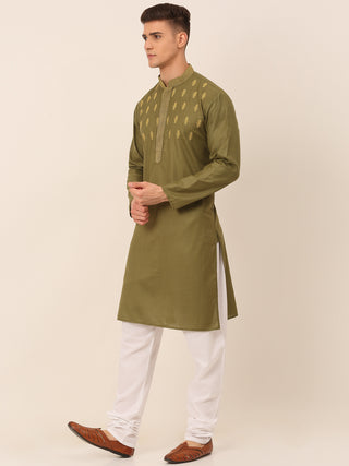 Men's Olive Green Embroidered Kurta Pajama Sets