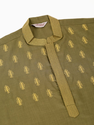 Men's Olive Green Embroidered Kurta Pajama Sets