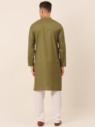 Men's Olive Green Embroidered Kurta Pajama Sets