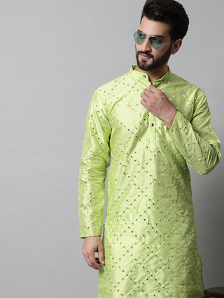 Men Lime Green Embroidered Mirror Work Dupion Silk Kurta with Pyjamas