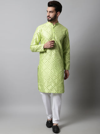 Men Lime Green Embroidered Mirror Work Dupion Silk Kurta with Pyjamas