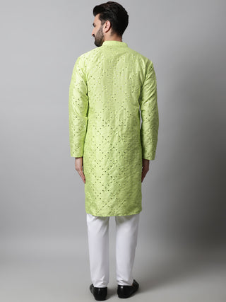 Men Lime Green Embroidered Mirror Work Dupion Silk Kurta with Pyjamas