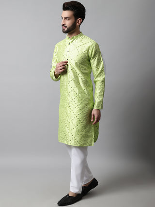 Men Lime Green Embroidered Mirror Work Dupion Silk Kurta with Pyjamas