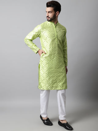 Men Lime Green Embroidered Mirror Work Dupion Silk Kurta with Pyjamas