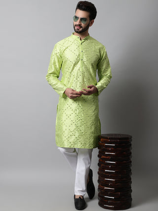 Men Lime Green Embroidered Mirror Work Dupion Silk Kurta with Pyjamas