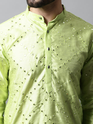 Men Lime Green Embroidered Mirror Work Dupion Silk Kurta with Pyjamas