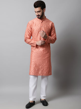 Men Peach Embroidered Mirror Work Dupion Silk Kurta with Pyjamas