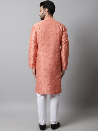 Men Peach Embroidered Mirror Work Dupion Silk Kurta with Pyjamas