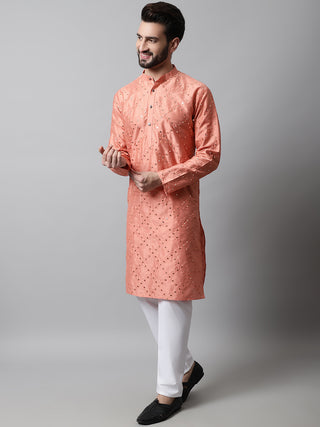 Men Peach Embroidered Mirror Work Dupion Silk Kurta with Pyjamas