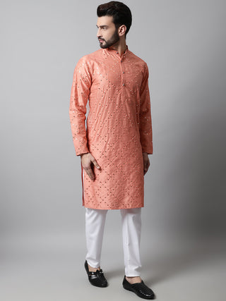 Men Peach Embroidered Mirror Work Dupion Silk Kurta with Pyjamas