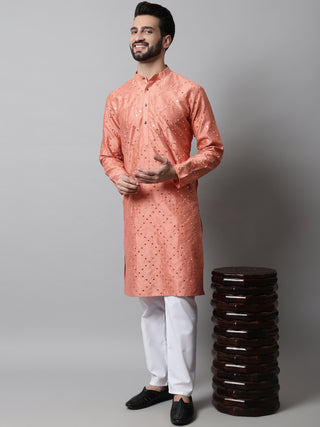 Men Peach Embroidered Mirror Work Dupion Silk Kurta with Pyjamas