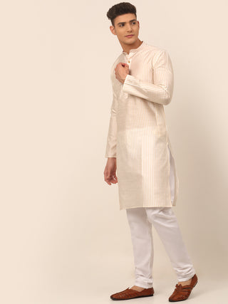 Men Cream Striped Pleated Chikankari Kurta pyjama Set