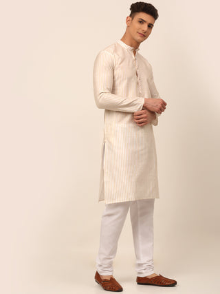 Men Cream Striped Pleated Chikankari Kurta pyjama Set