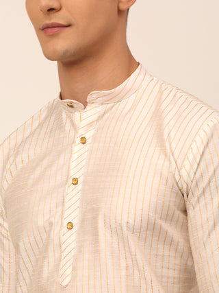 Men Cream Striped Pleated Chikankari Kurta pyjama Set