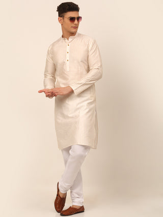 Men Cream Striped Pleated Chikankari Kurta pyjama Set