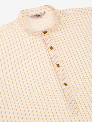 Men Cream Striped Pleated Chikankari Kurta pyjama Set