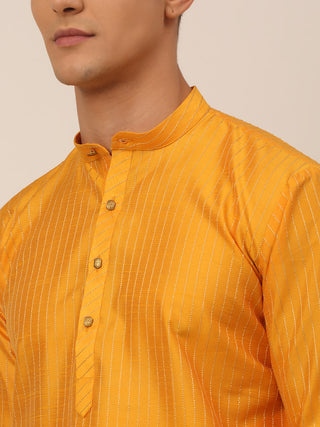 Men Mustard Striped Pleated Chikankari Kurta pyjama Set
