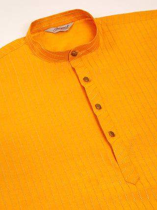 Men Mustard Striped Pleated Chikankari Kurta pyjama Set