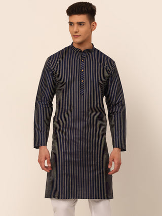 Men Navy Blue Striped Pleated Chikankari Kurta Only