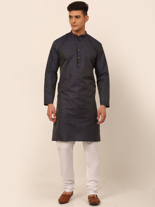 Men Navy Blue Striped Pleated Chikankari Kurta pyjama Set