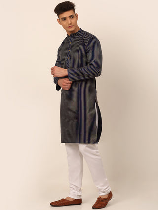 Men Navy Blue Striped Pleated Chikankari Kurta pyjama Set