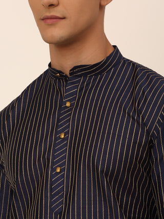 Men Navy Blue Striped Pleated Chikankari Kurta pyjama Set
