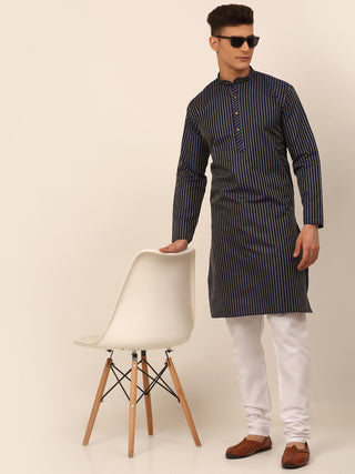 Men Navy Blue Striped Pleated Chikankari Kurta pyjama Set